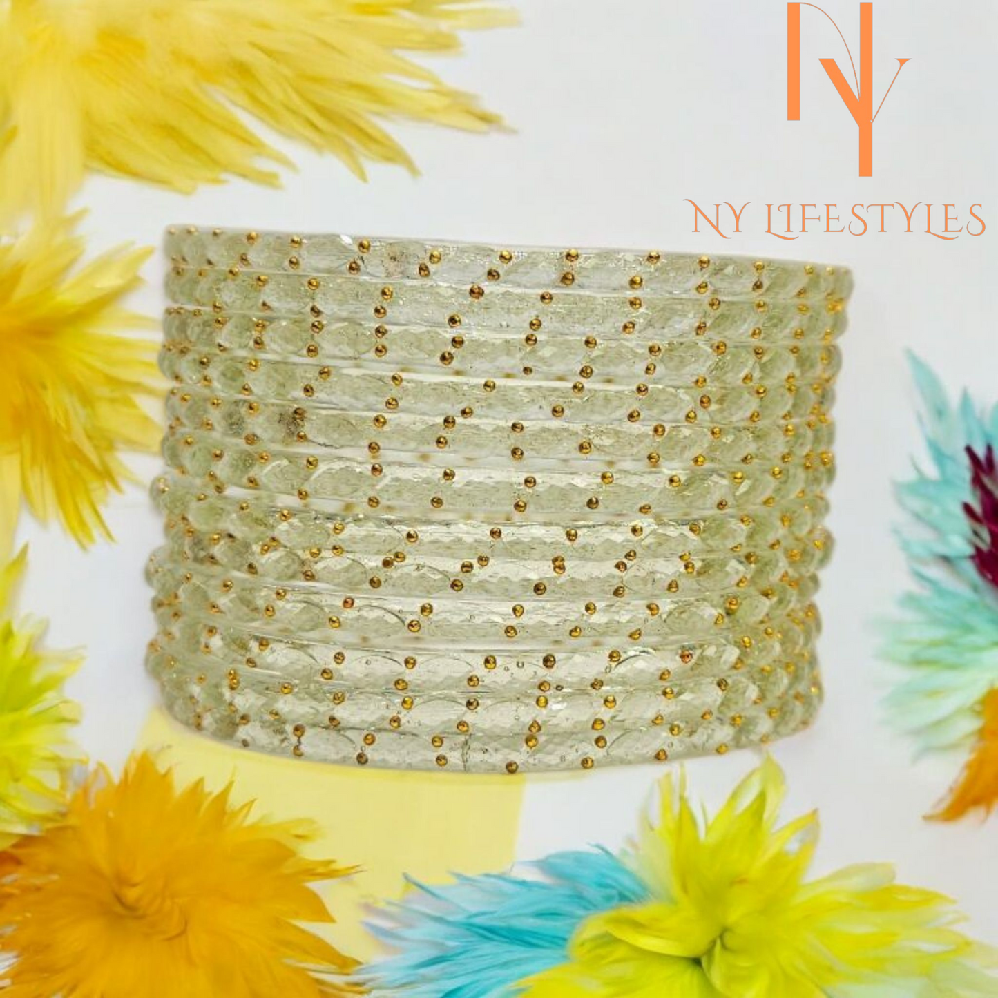 NY LIFESTYLES Plain and Glossy Finished Raindrop Glass Bangle Set For Women and Girls - Set of 12 (Off White)