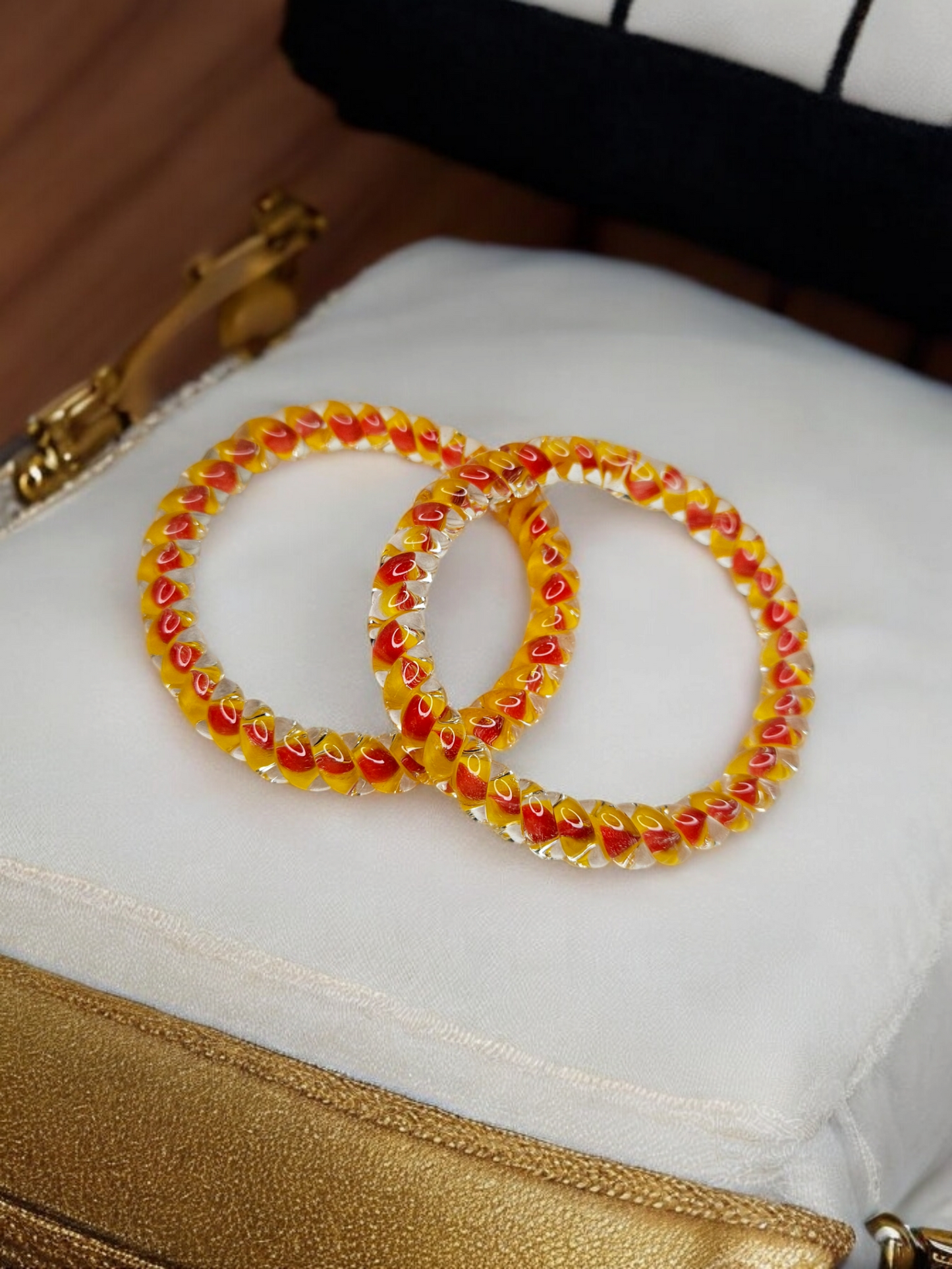 NY LIFESTYLES Spiral Design Glass Bangles for Women | Fancy Crystal Glass Bangles for Ladies and Girls ( Yellow with Red)