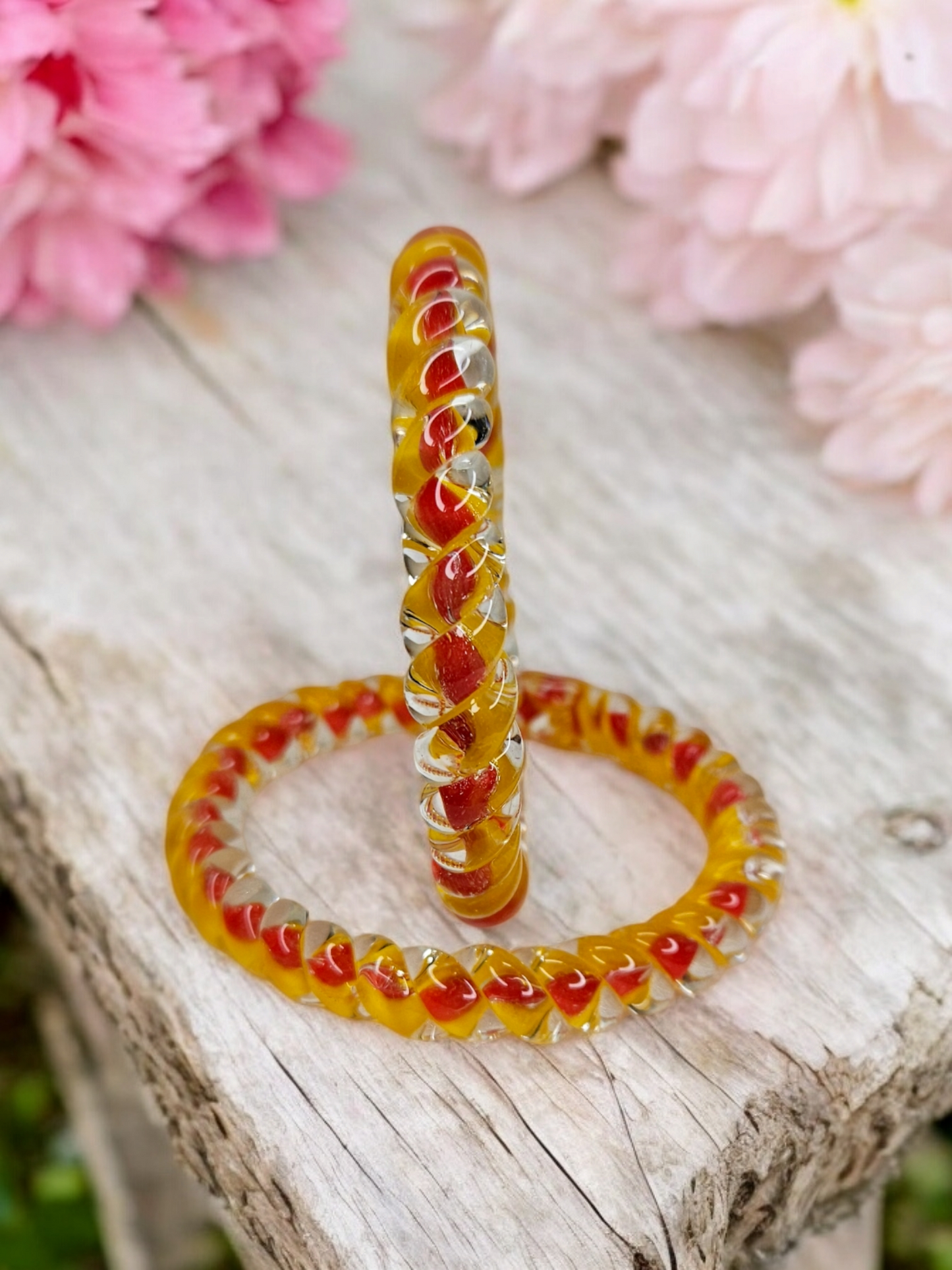 NY LIFESTYLES Spiral Design Glass Bangles for Women | Fancy Crystal Glass Bangles for Ladies and Girls ( Yellow with Red)
