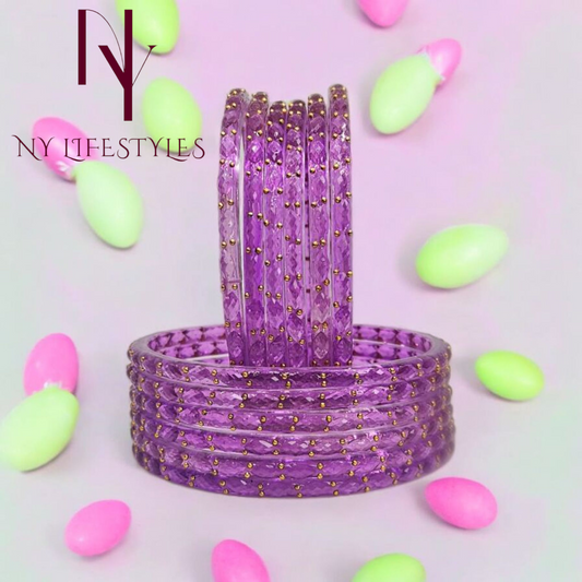 NY LIFESTYLES Plain and Glossy Finished Raindrop Glass Bangle Set For Women and Girls - Set of 12 (Purple)