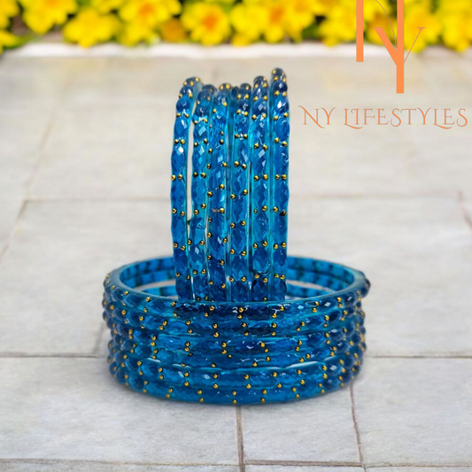 NY LIFESTYLES Plain and Glossy Finished Raindrop Glass Bangle Set For Women and Girls - Set of 12 (Firozi)