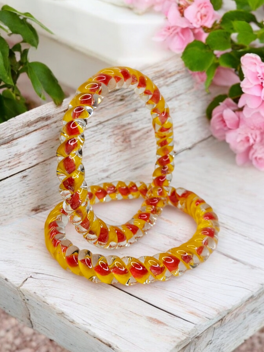 NY LIFESTYLES Spiral Design Glass Bangles for Women | Fancy Crystal Glass Bangles for Ladies and Girls ( Yellow with Red)
